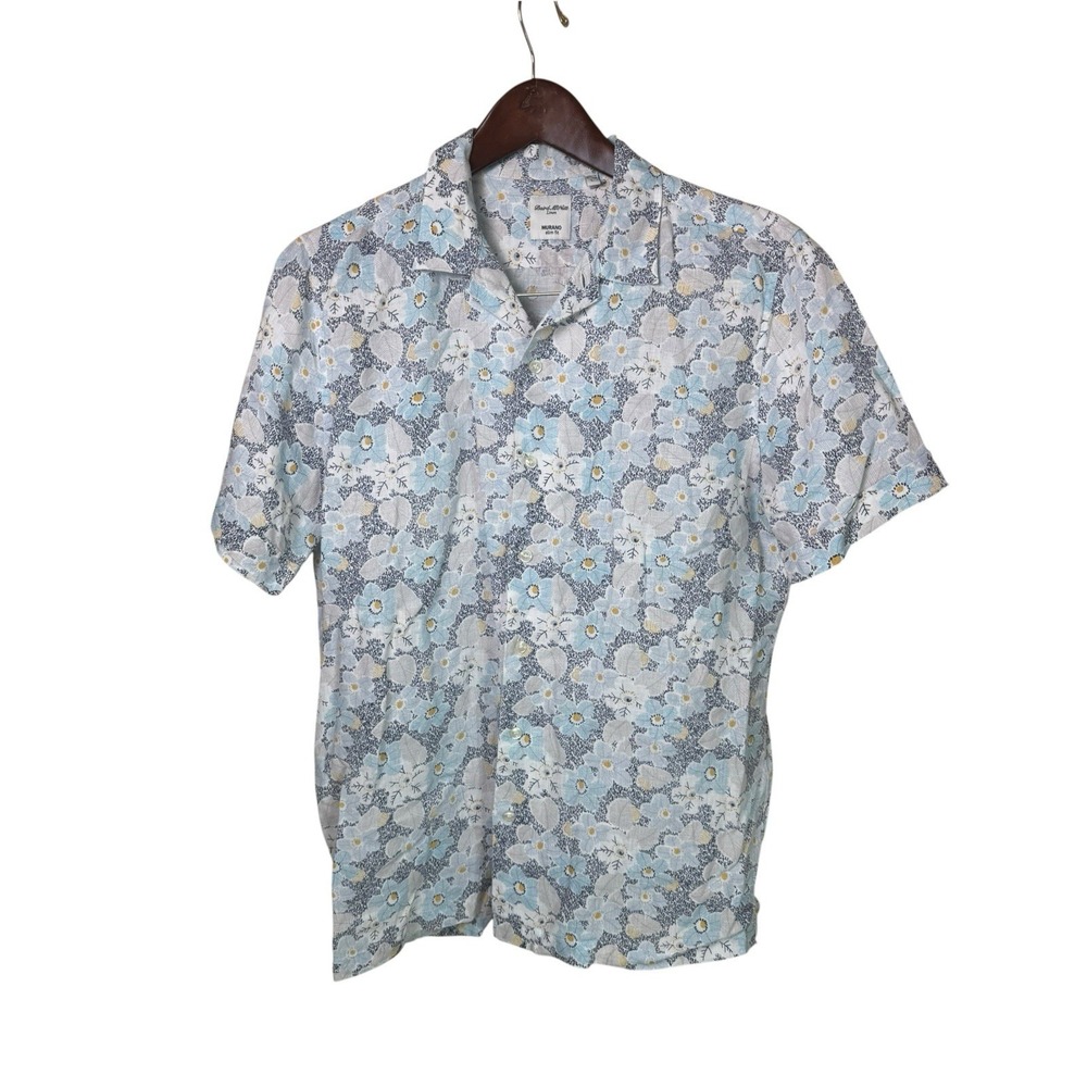 Murano Baird McNutt Shirt Mens Large Blue Linen Floral Button Up Short Sleeve
